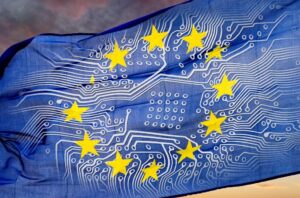 EU flag superimposed on computer chip, Artificial Intelligence Act concept