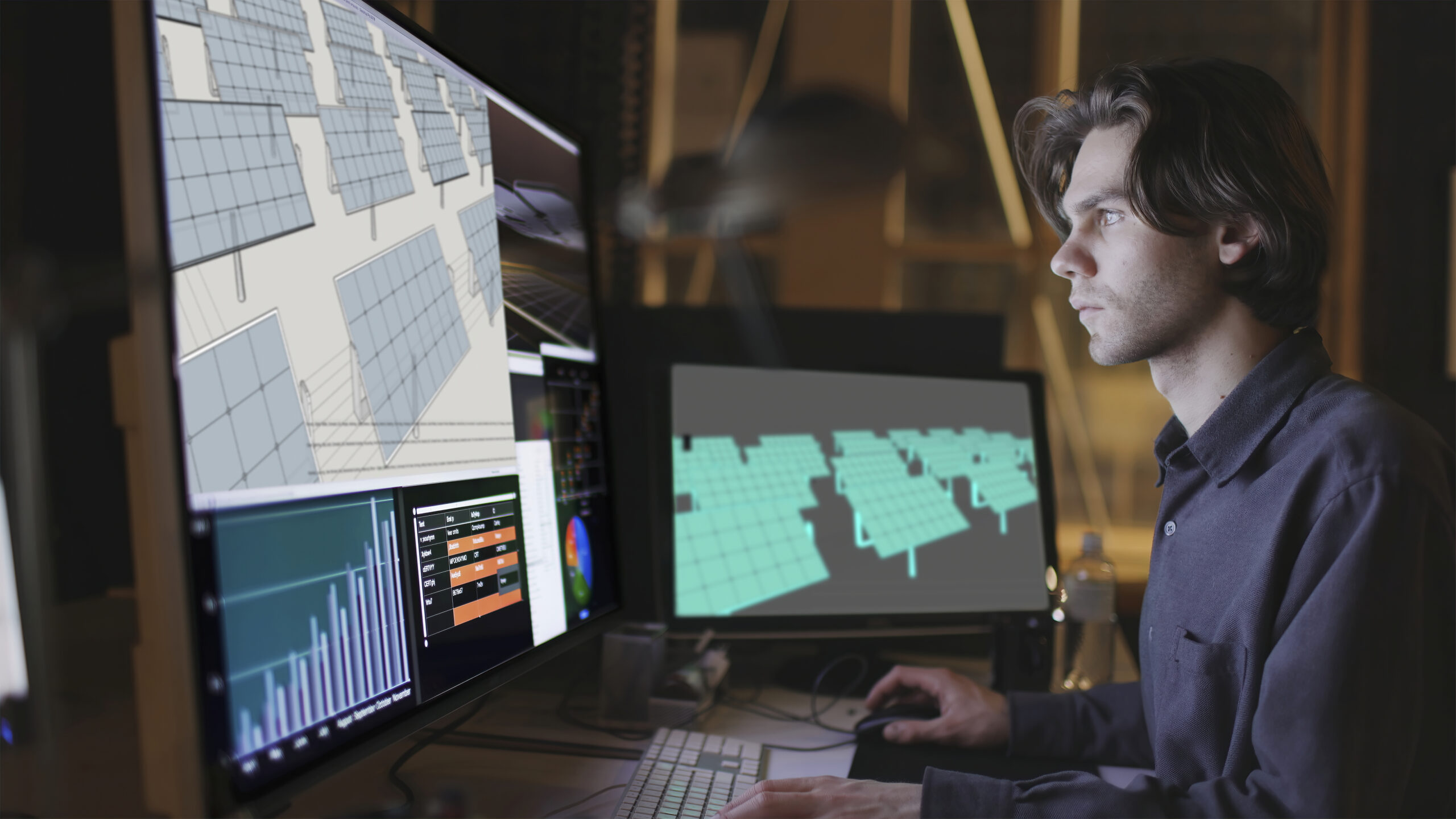 Sustainable emerging technologies concept. Bearded young man working at a computer screen looking at the design of a solar panel array in CAD with data