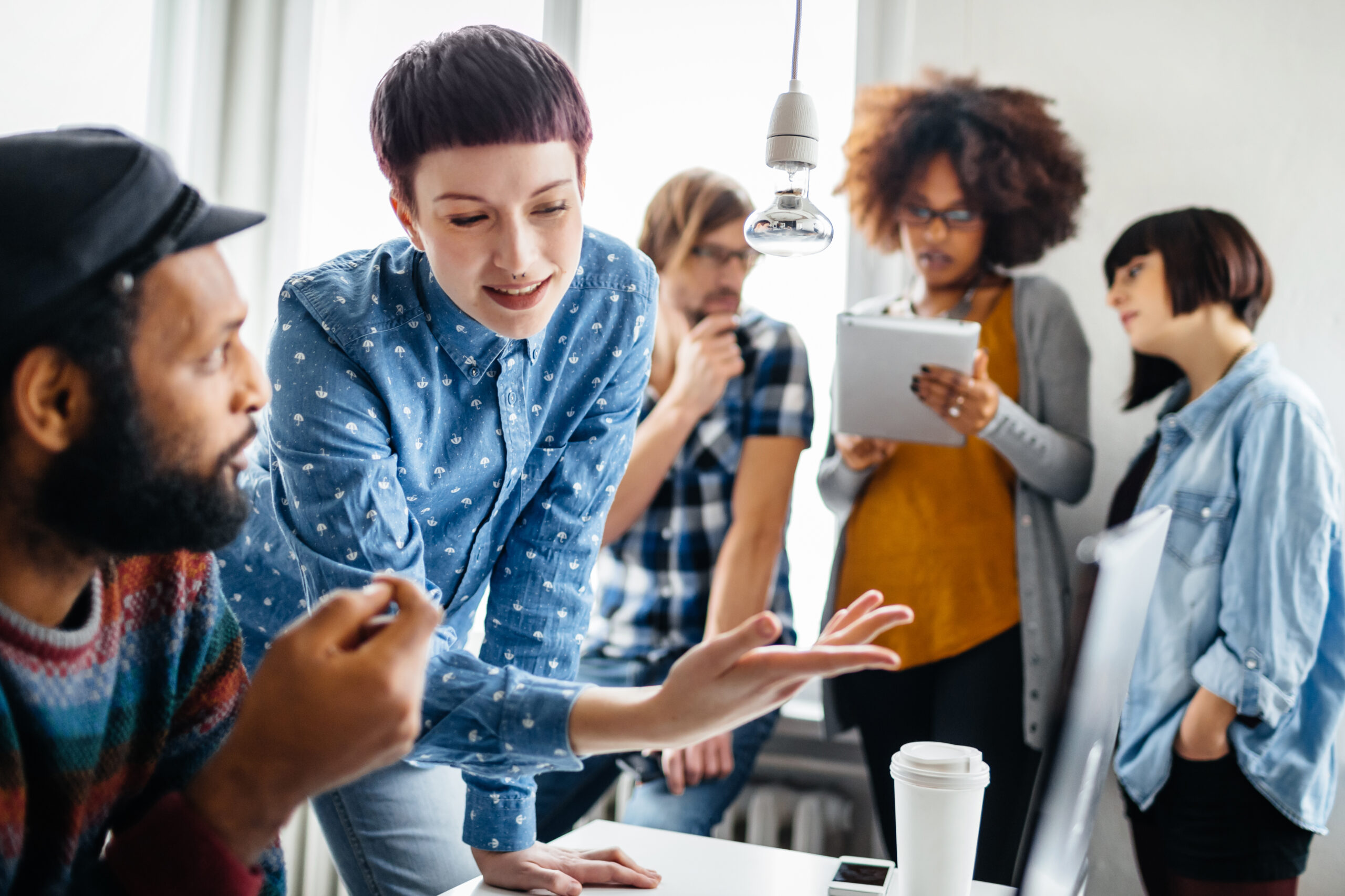 Hipster office conversation, tech for good concept
