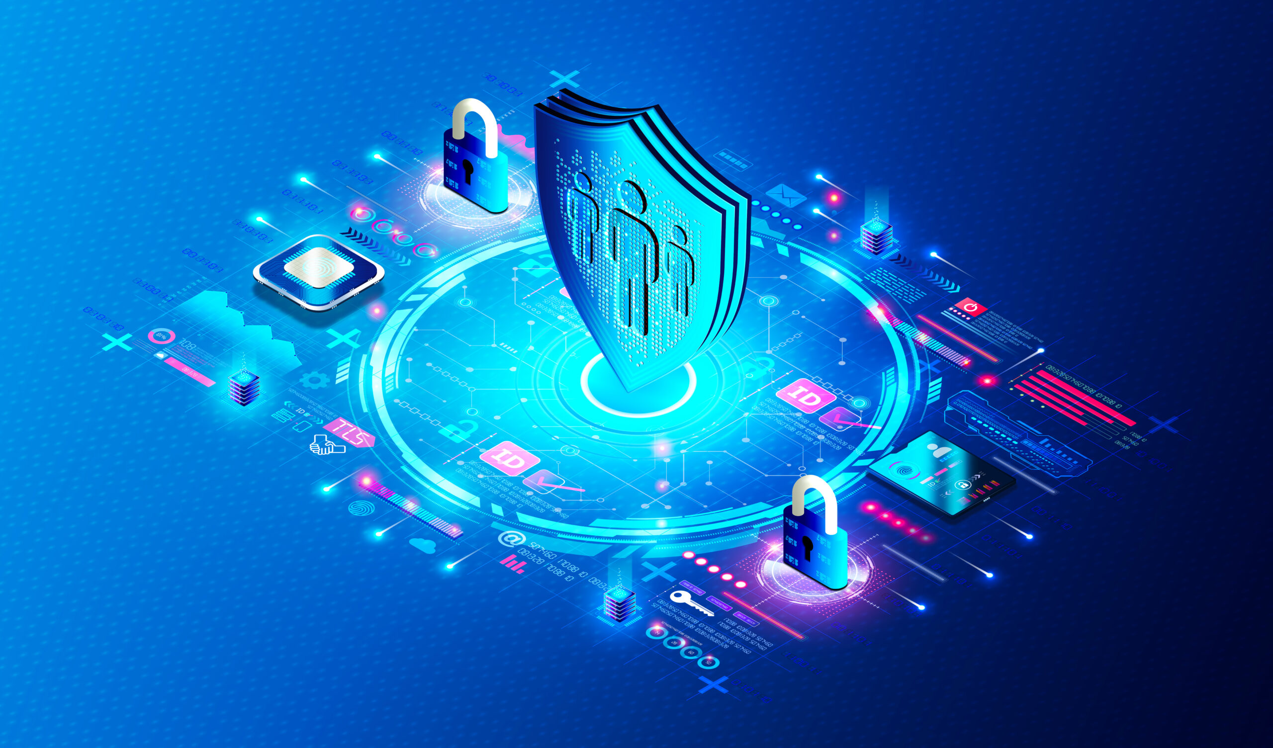 Graphic showing shield guarding motherboard, zero trust concept