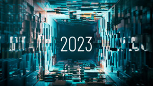 Artificial intelligence predictions 2023 concept. Abstract technology with year 2023 superimposed