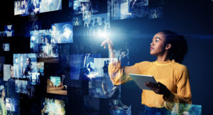 Artificial intelligence diversity concept. Young black woman touching augmented reality screens.