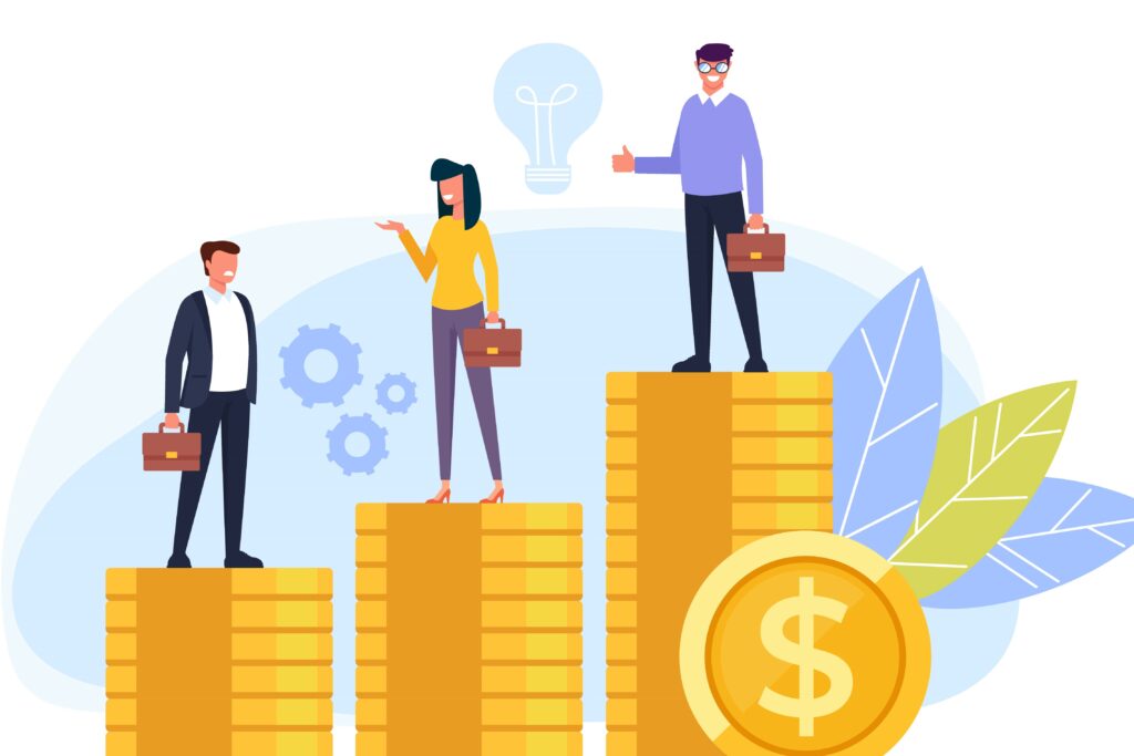 CTO salary concept. Business people office workers standing on different stacks of golden coins cartoon