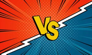 Kubernetes vs Docker concept. Word VS with lightning bolb in superhero cartoon style