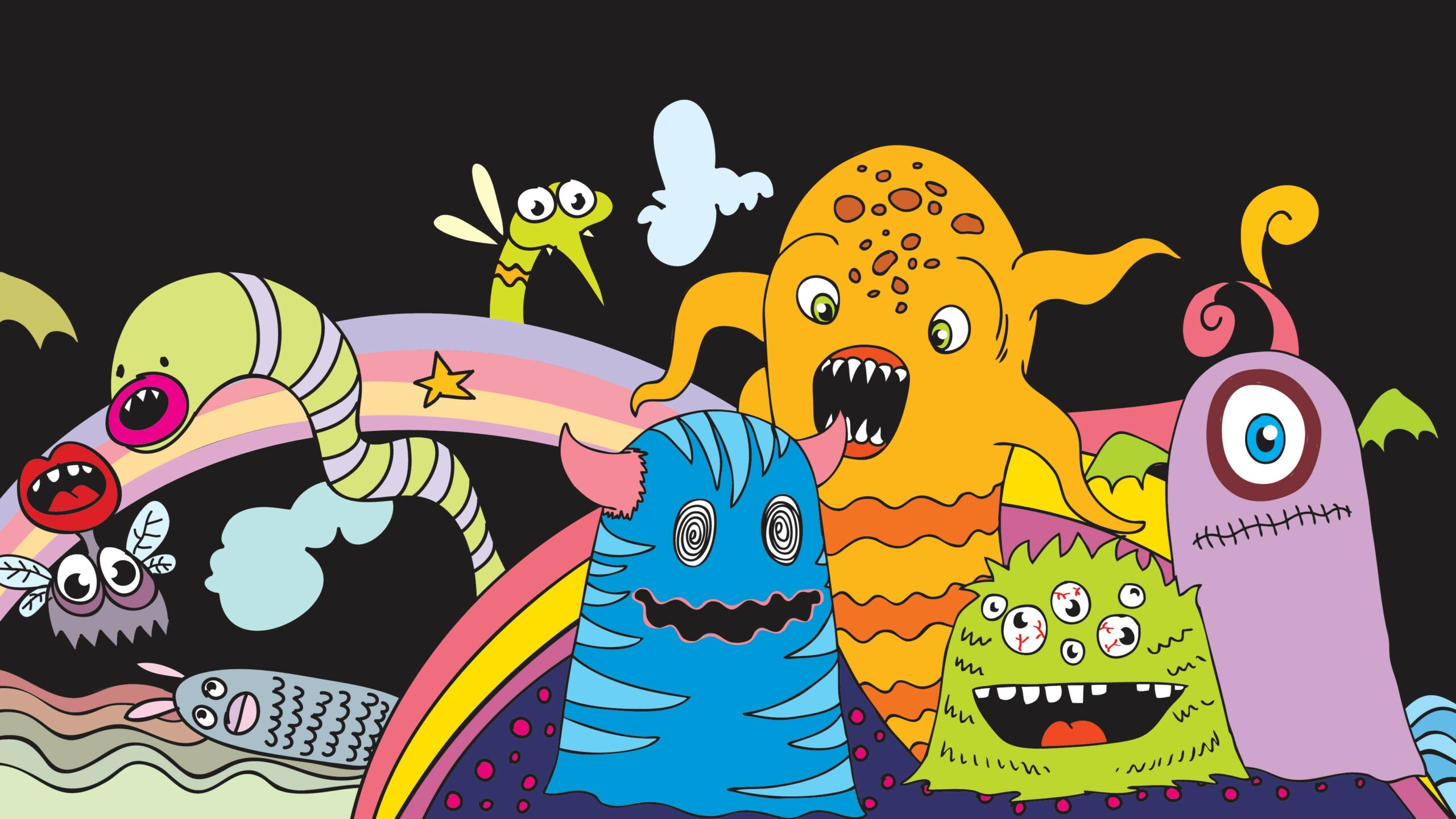 Cloud strategy concept. Cartoon monsters on black background