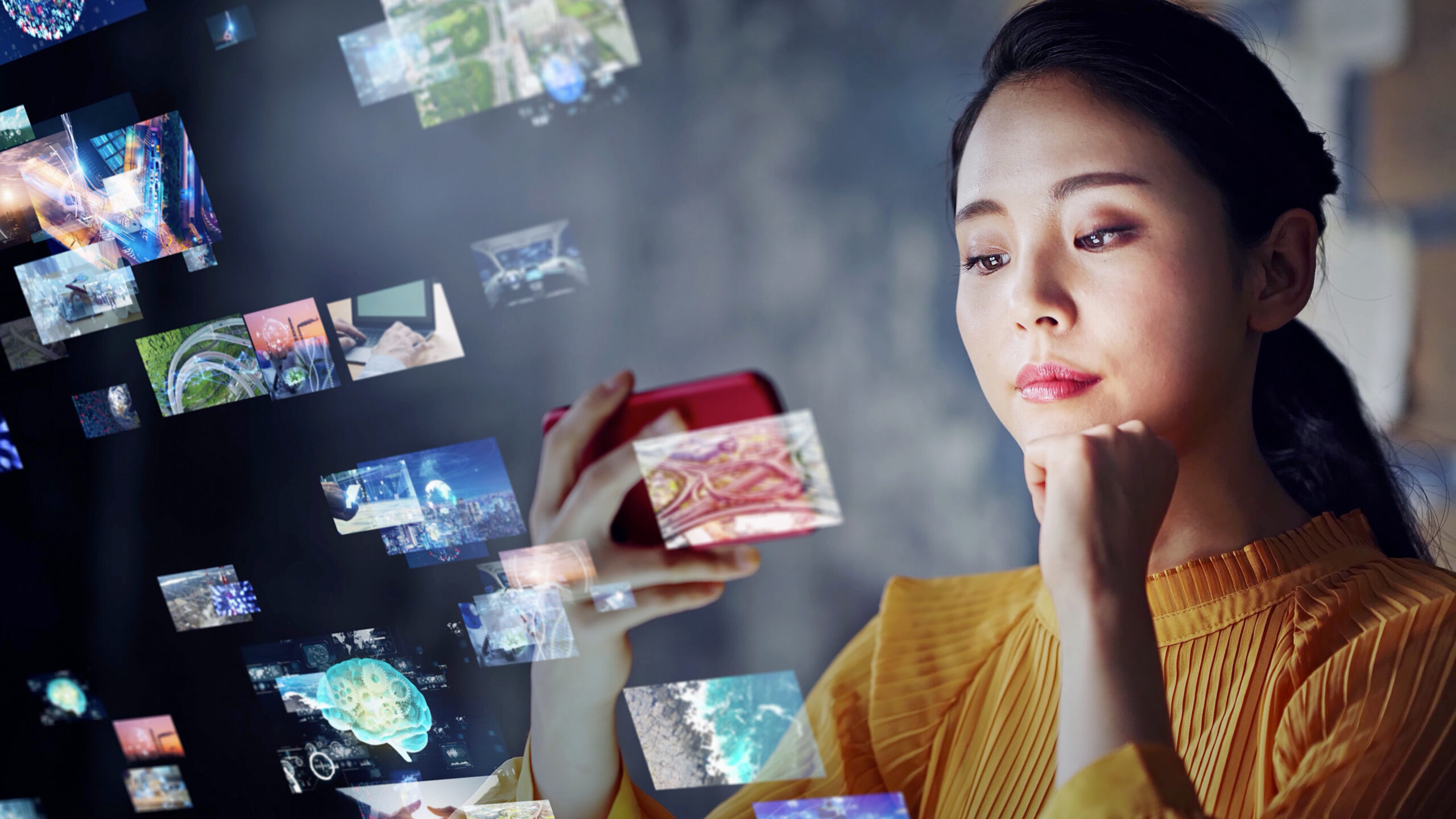 Big tech competition concept. Aisan woman looking sceptically at smartphone with overlaid screenshots
