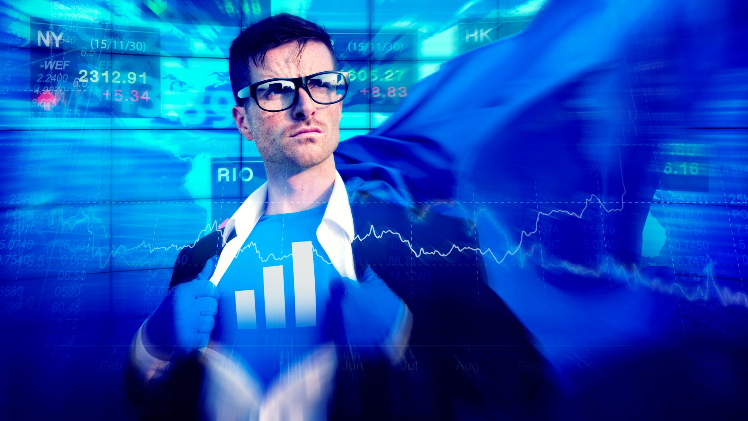 Generative AI customers concept. Bespectacled Clark Kent-type man baring blue tee-shirt with bar chart on it