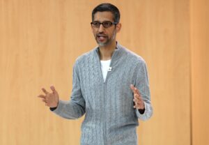 Google search AI concept. Google CEO Sundar Pichai giving keynote at Palo Alto presentation on 10 May 2023