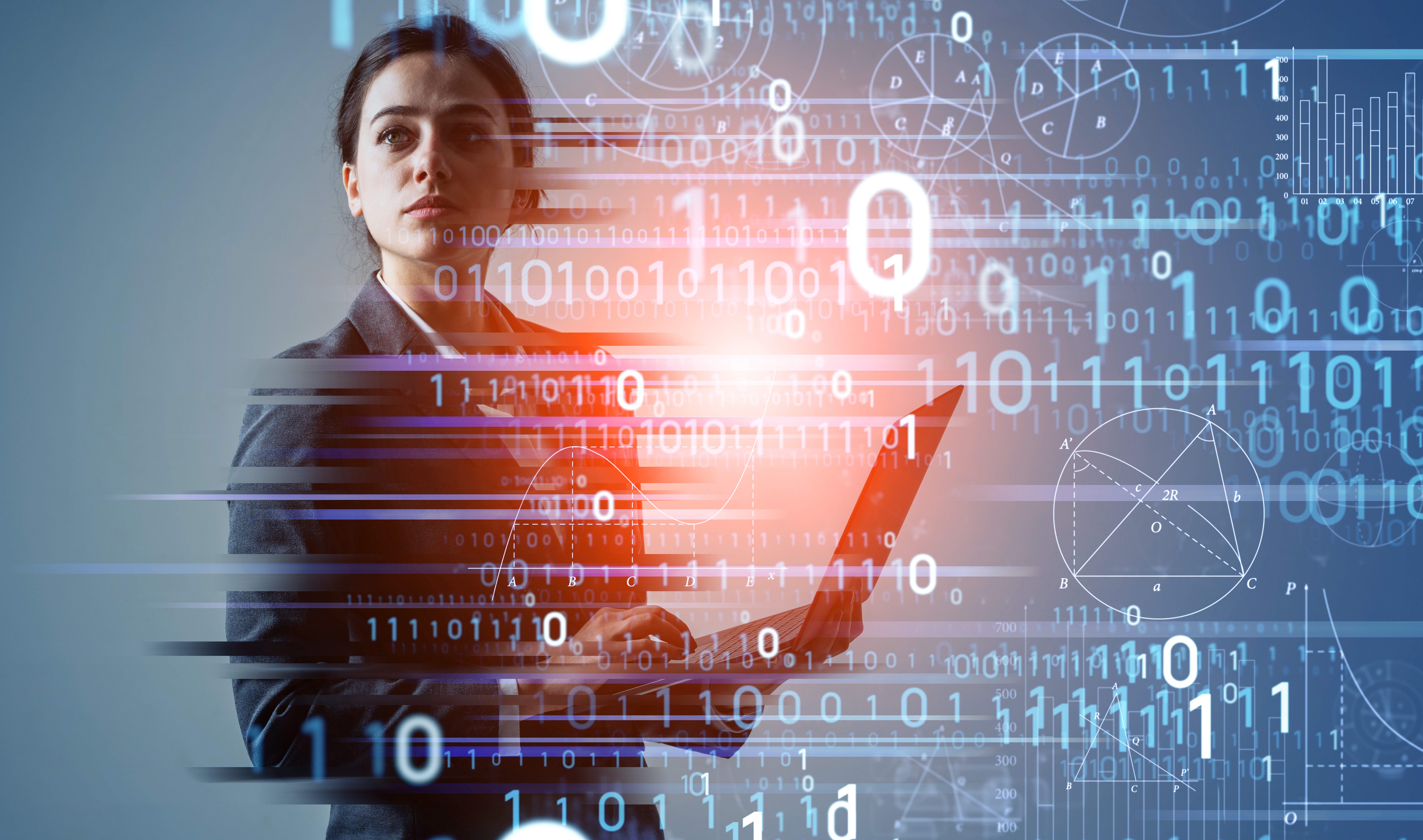 Data compliance concept. Young businesswoman holding open laptop with binary code superimposed