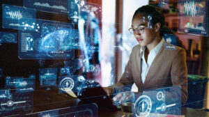 AI jobs concept. Young BIPOC woman seated in front of graphical user interface overlay