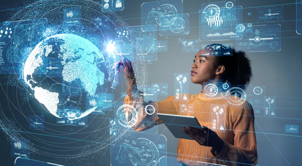 Generative AI regulation. Young woman touching augemented reality touchscreen globe