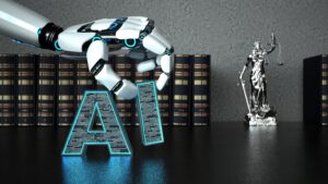 Generative AI copyright concept. Robot hand adjust letters AI with books and blindfolded Justice statuette behind