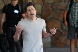 Worldcoin concept. Founder Sam Altman pictured at annual Allen and Company conference, Sun Valley, 11 July 2023