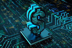 AI SMEs concept. Digital dollar sign made of circuit board on motherboard and CPU