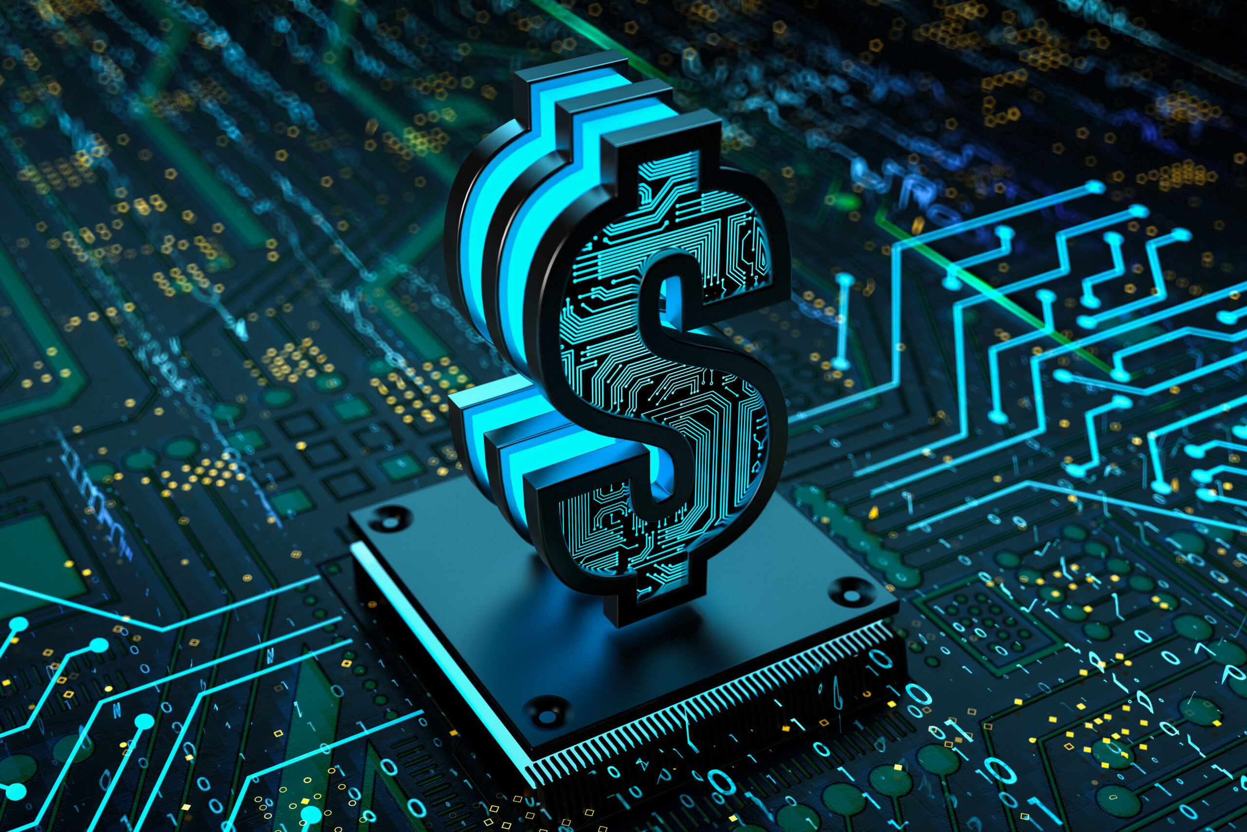 AI SMEs concept. Digital dollar sign made of circuit board on motherboard and CPU