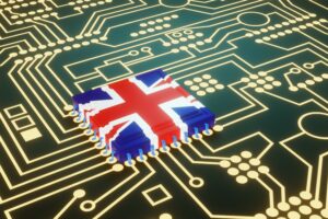 Computer chips concept. Union Jack-printed CPU on neon glowing electronic circuit board