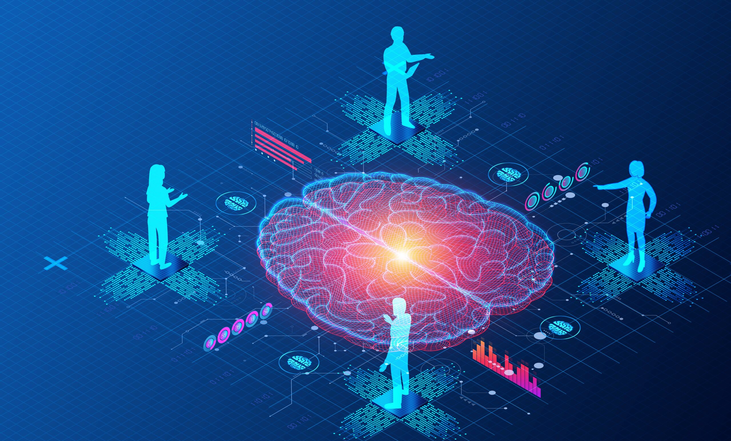 Industry cloud concept. Graphic of four figures standing around a digital brain.